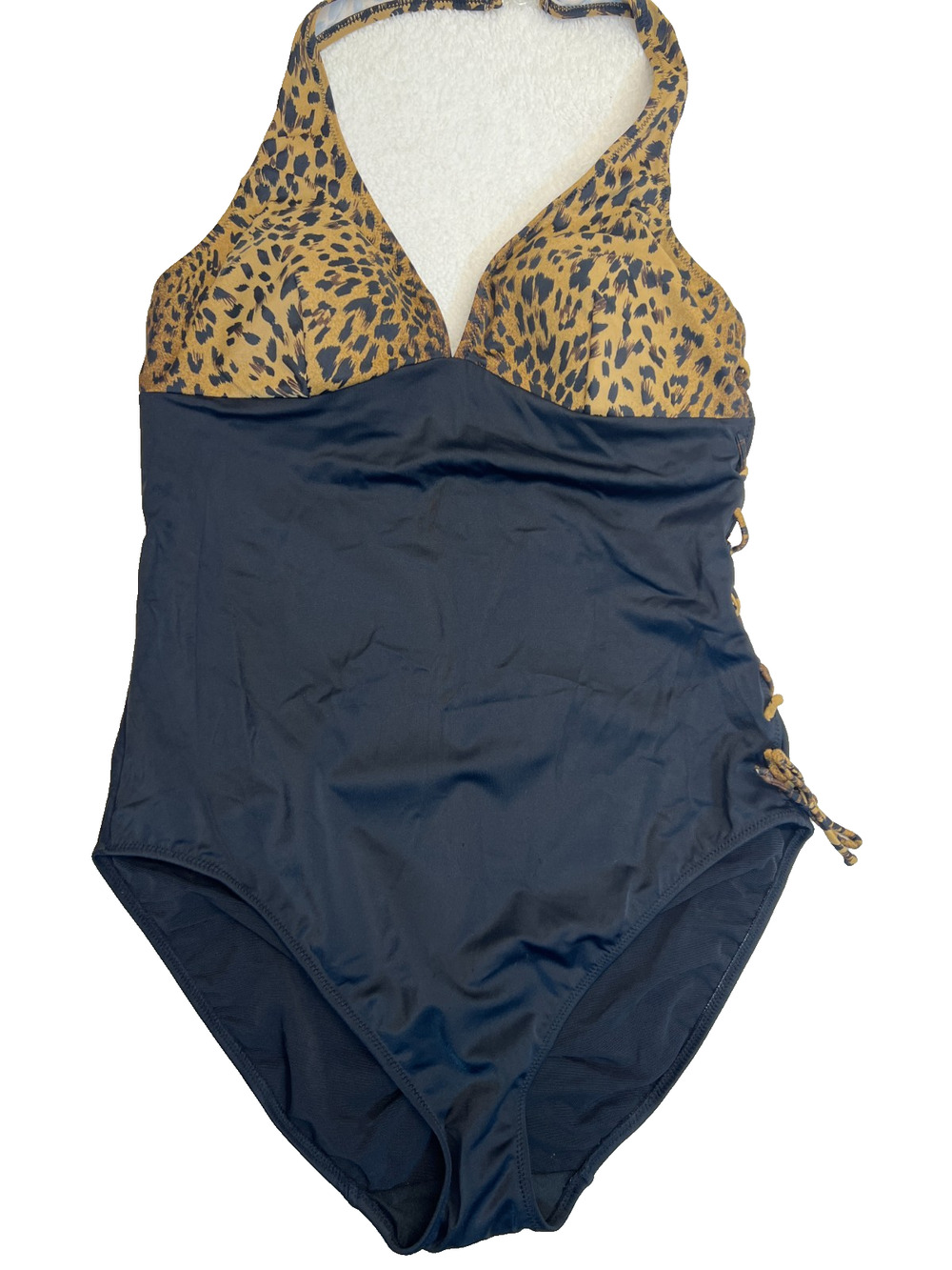 NWT Spigel Women Swimsuit 1 Piece Lace Up Leopard Halter Black/Brown, Sz 16